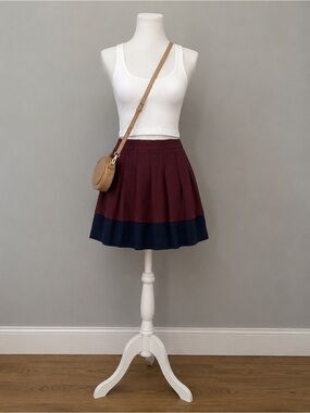 J Crew Color Block Maroon Blue Navy Burgundy Pleated Skirt Preppy Colorblock 8